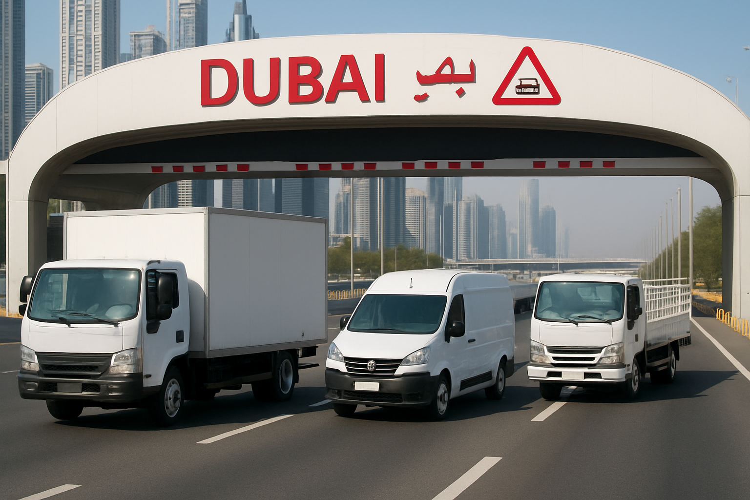 Commercial fleet vehicles passing through a Dubai toll plaza