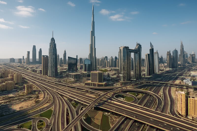 Dubai skyline with major highways and paid roads