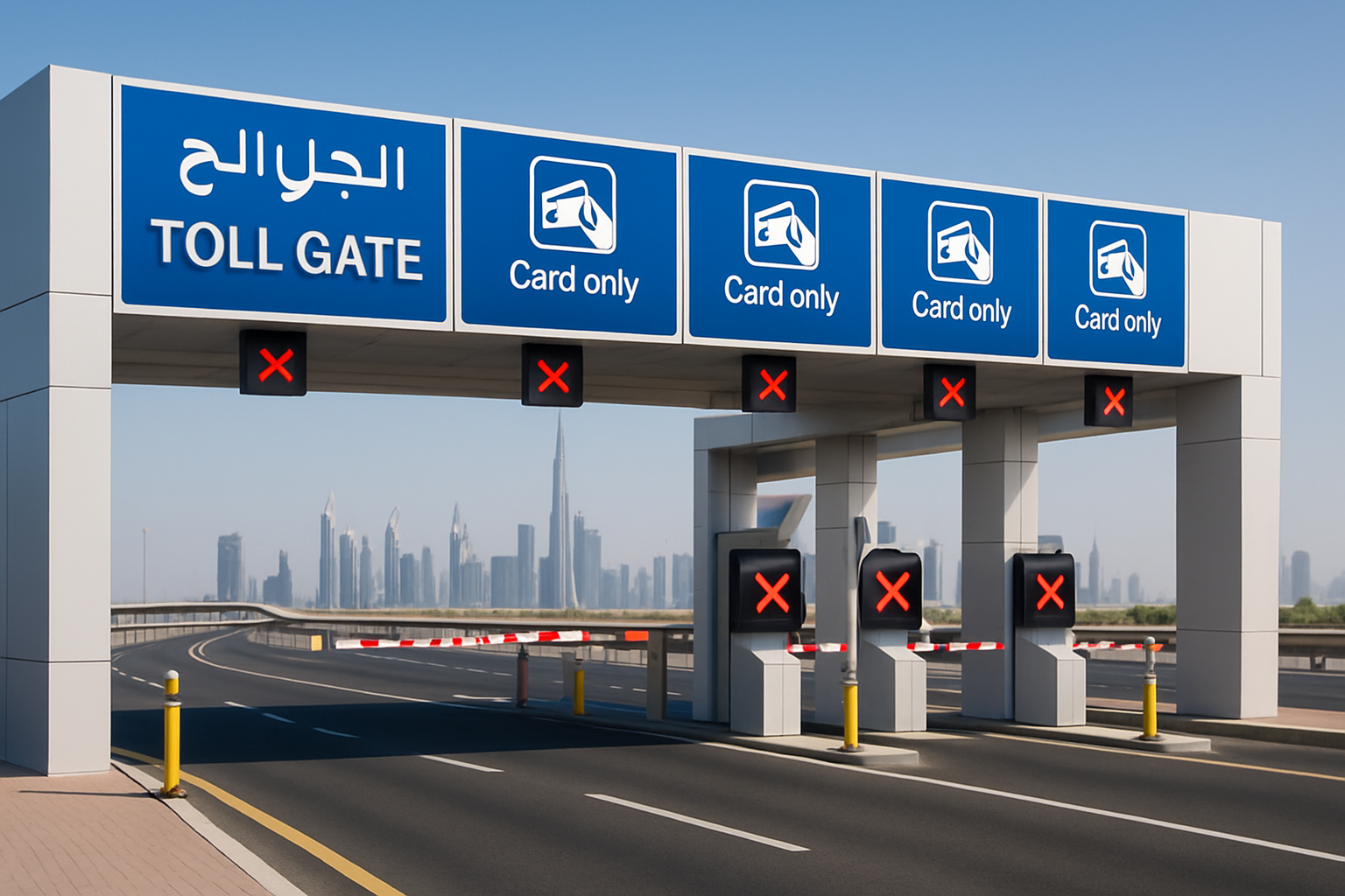Modern toll gate on a Dubai highway with clear signage